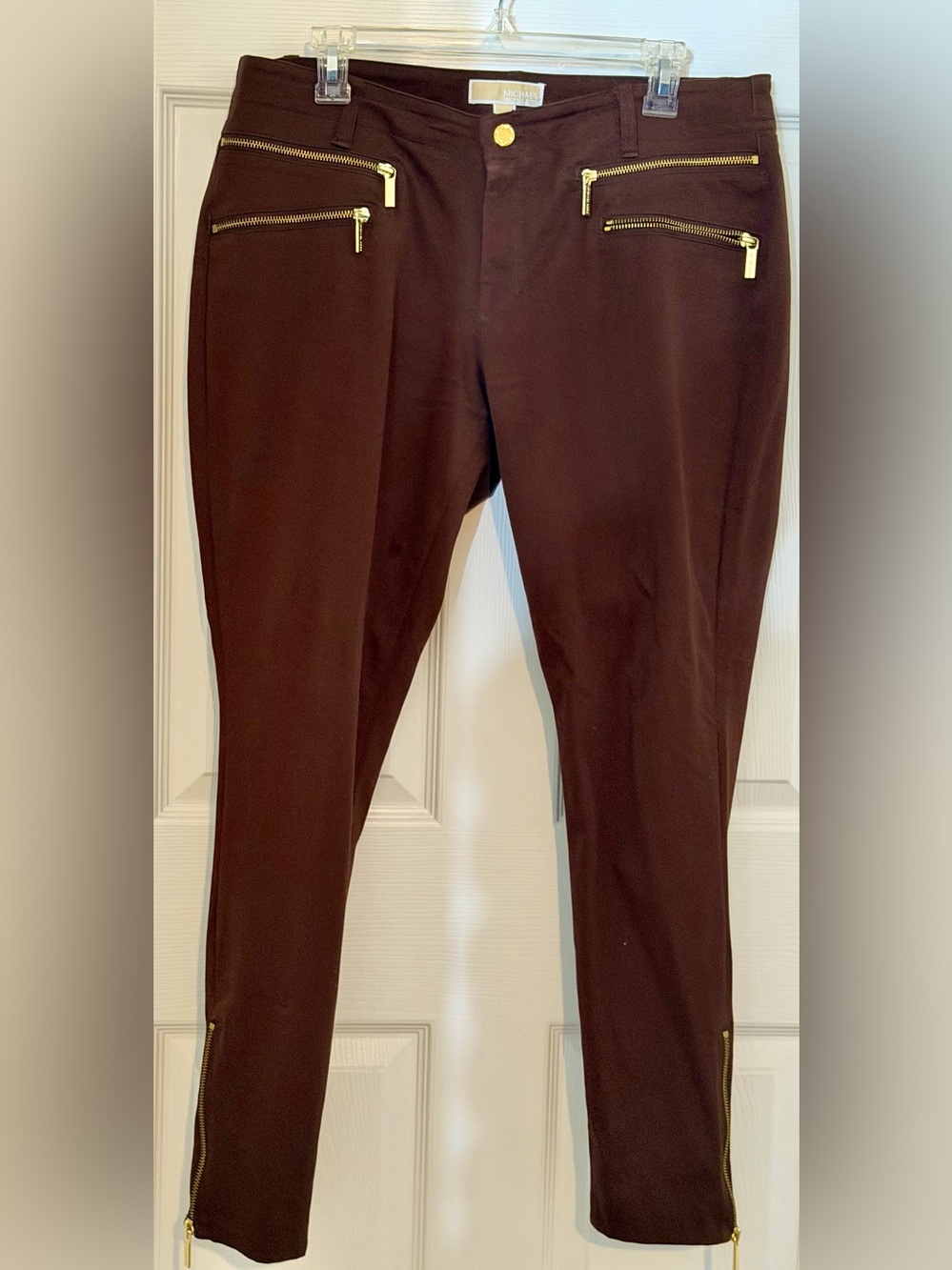 Michael Kors Dark Brown Slim Stretch Chinos with Gold Zippers